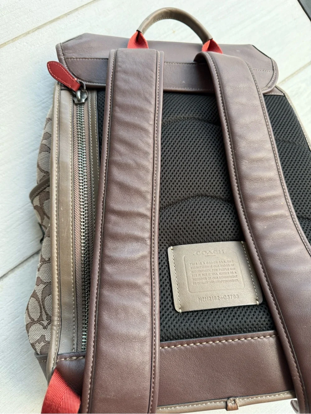 Coach Brown Signature Canvas & Leather Backpack with Red Accents